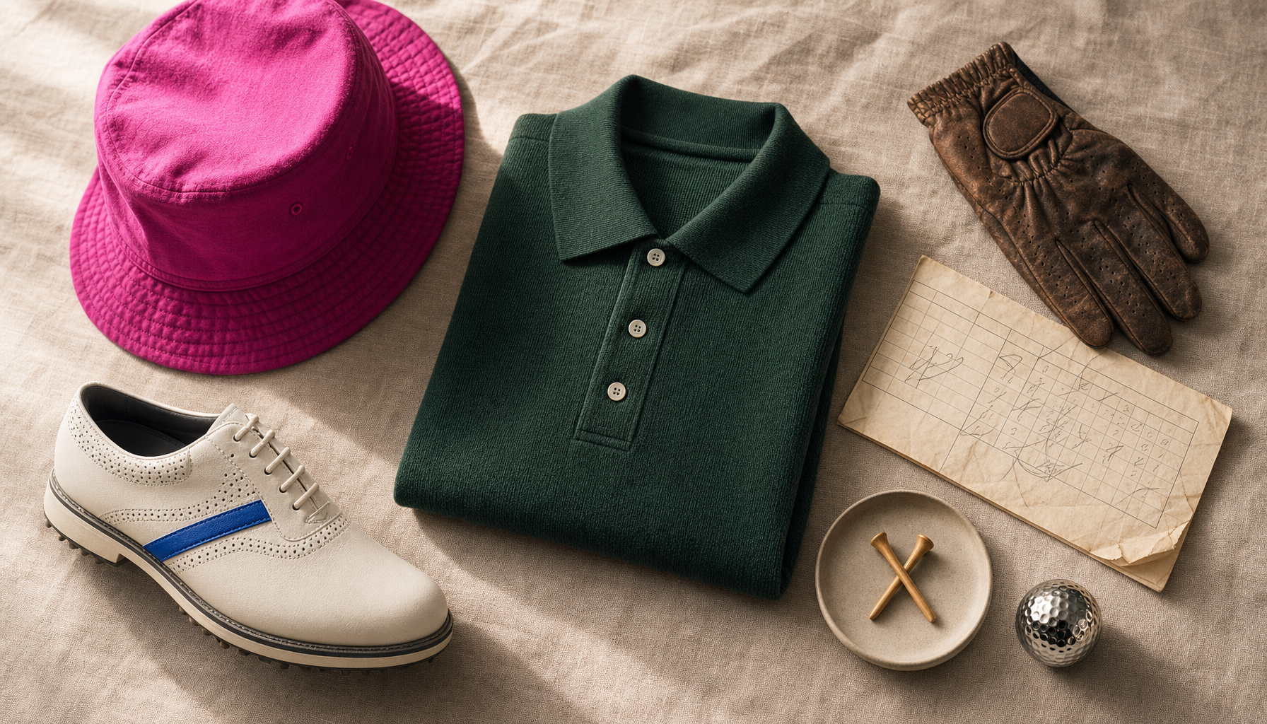 2026 高尔夫潮流品牌 flat lay:polo 衫 / 帽子 / 球鞋 / 手套 / 球 / 球 tee