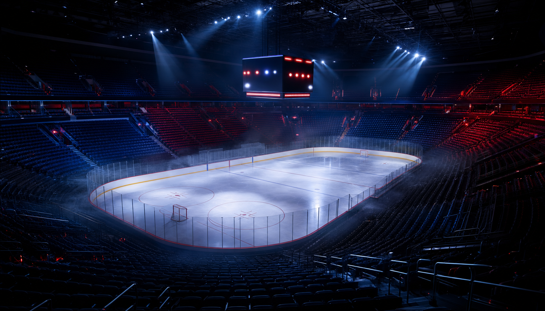 NHL 季后赛空场冰球馆,蓝红光照对比,斯坦利杯氛围
