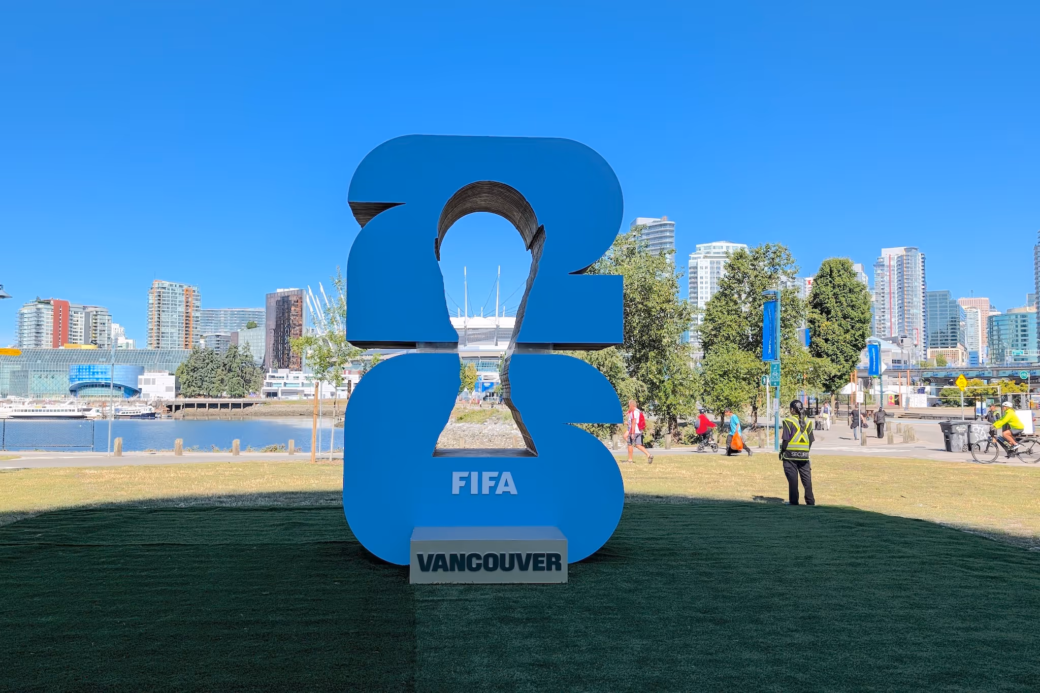 Three-dimensional FIFA World Cup logo sculpture perfectly frames BC Place Stadium