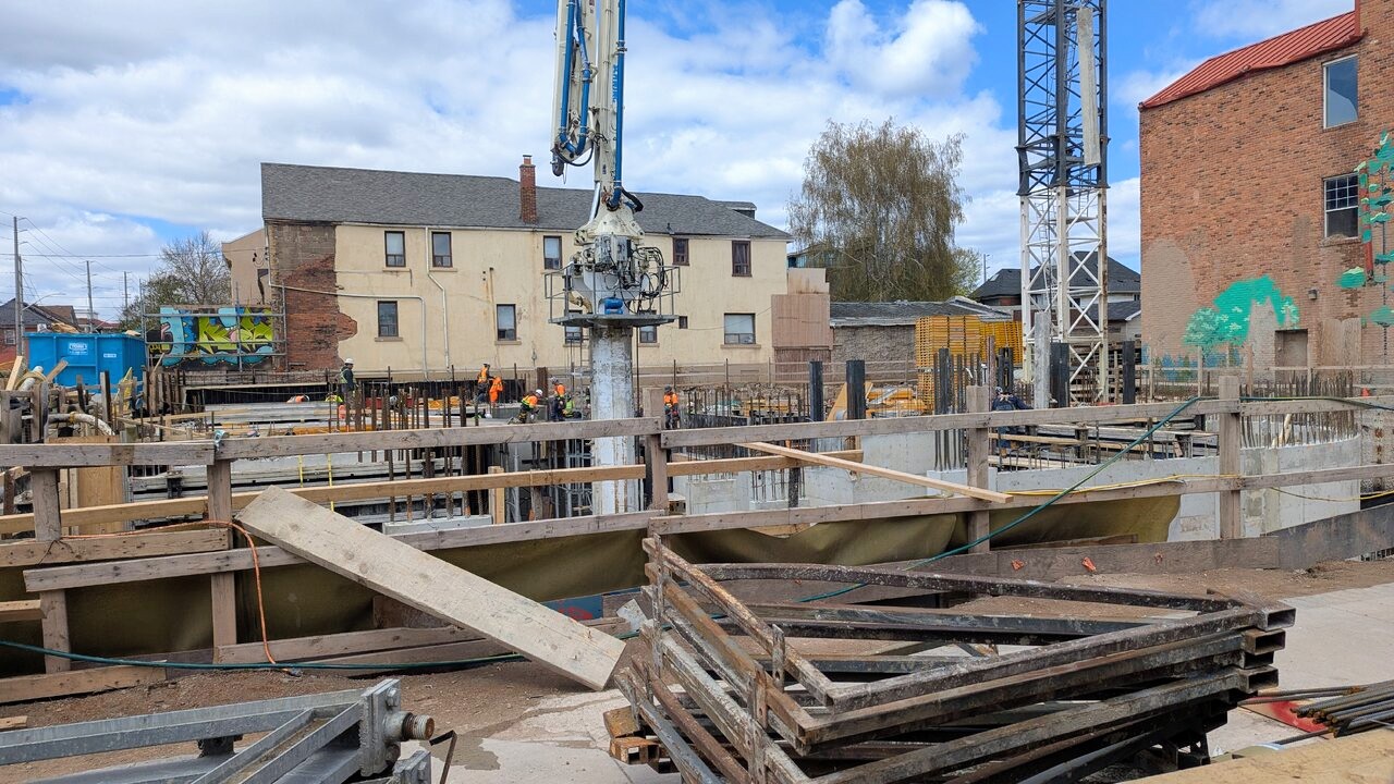 Crane Up as 325 James Street North Rises Above Grade in Hamilton