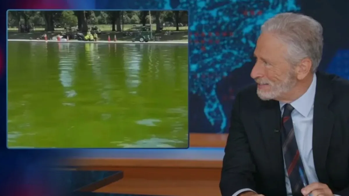 Jon Stewart Dives Into Reflecting Pool Algae Infestation: ‘Did They Replace the Water With Mountain Dew?’