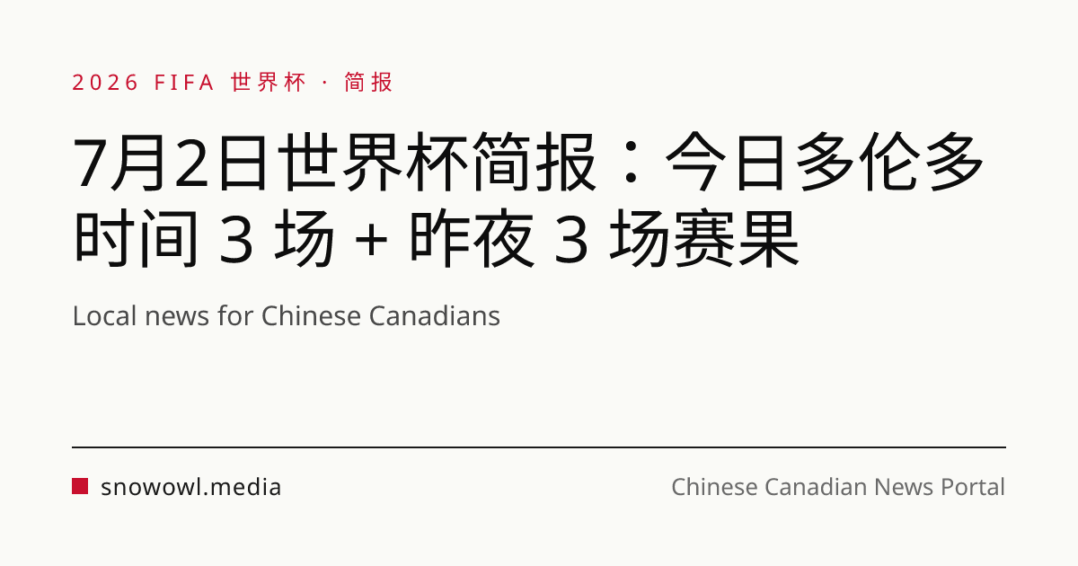 7月2日世界杯简报:今日多伦多时间 3 场 + 昨夜 3 场赛果