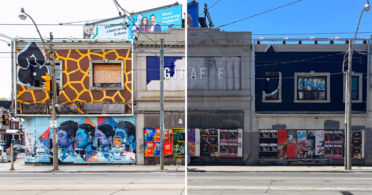 Toronto's weird giraffe building just got painted over and it's depressing