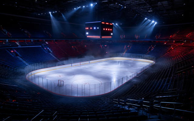 NHL 季后赛空场冰球馆，蓝红光照对比，斯坦利杯氛围