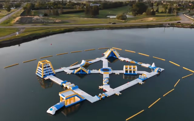 A BIG Alberta floating water park has a 15-foot-tall slide and climbing wall