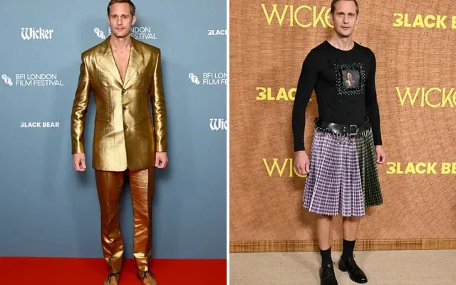 Alexander Skarsgård on His Wacky ‘Wicker’ Red Carpet Looks: From Clear Shoes and a Multicolored Skirt to a Gray Wig In…