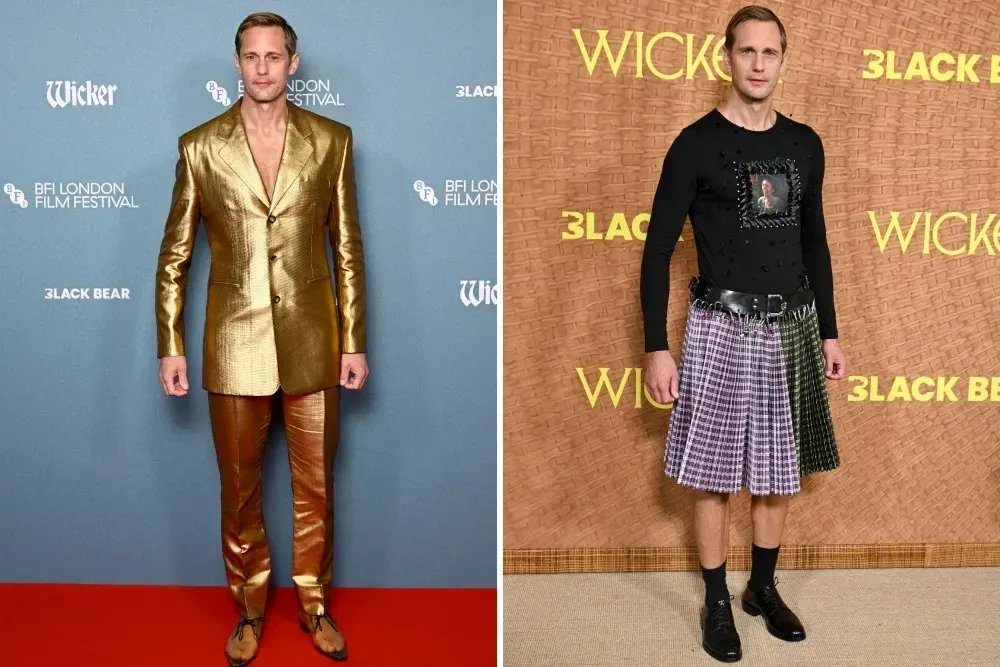 Alexander Skarsgård on His Wacky ‘Wicker’ Red Carpet Looks: From Clear Shoes and a Multicolored Skirt to a Gray Wig In…