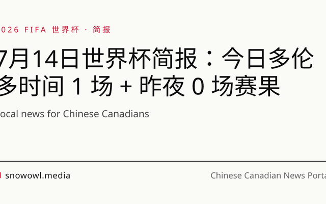 7月14日世界杯简报：今日多伦多时间 1 场 + 昨夜 0 场赛果