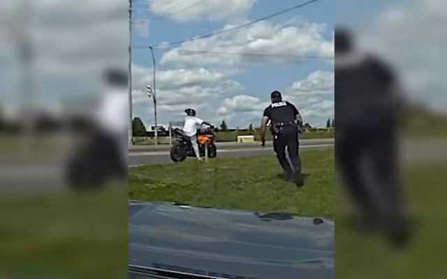 Ontario cop sneaks up and tackles suspect off motorcycle in wild arrest video