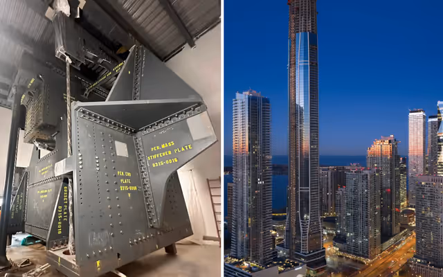 There's now a giant 500-tonne pendulum swinging above downtown Toronto