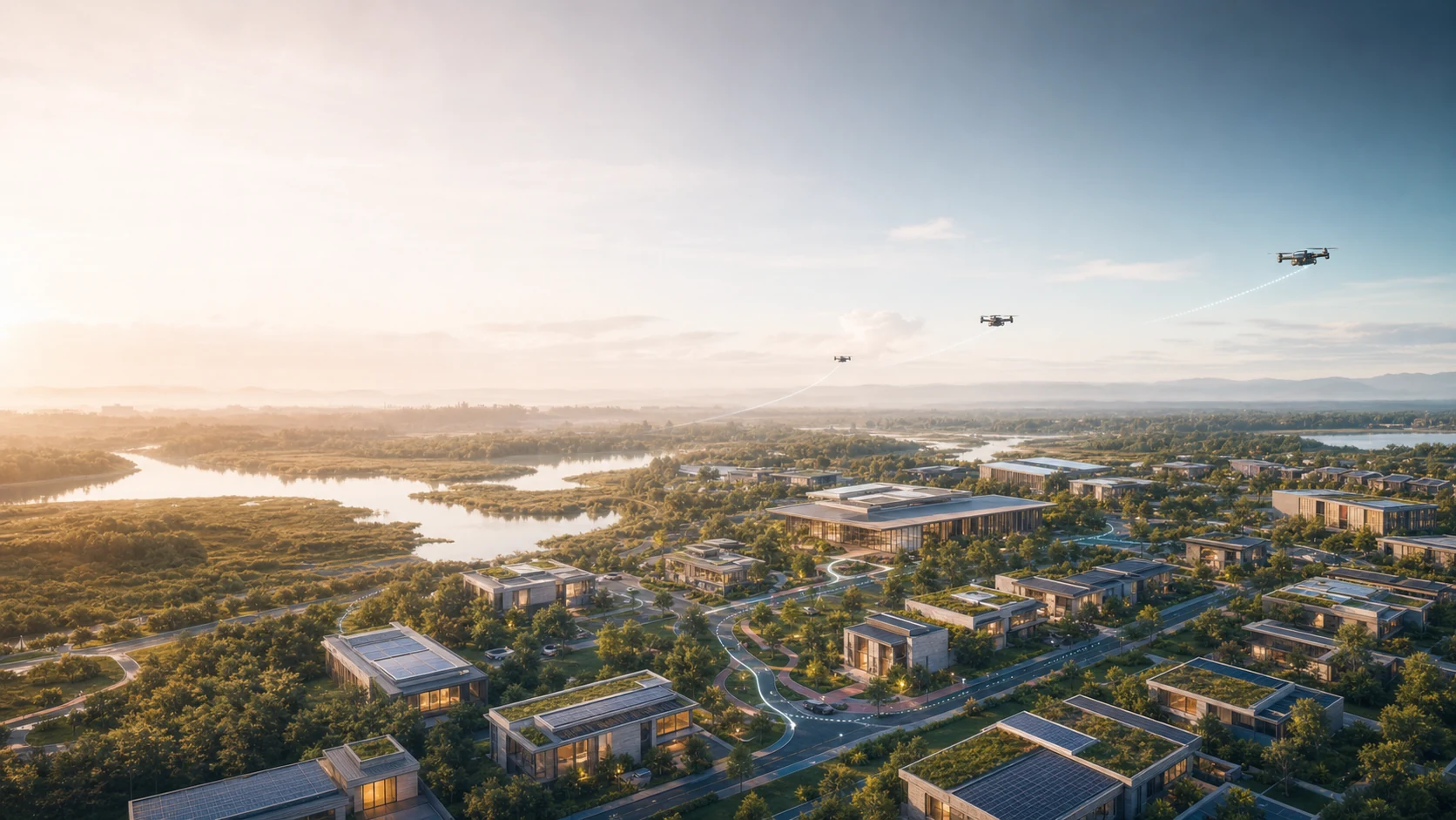 Aero Town 生态社区概念视觉，包含住宅、绿地和低空出行场景